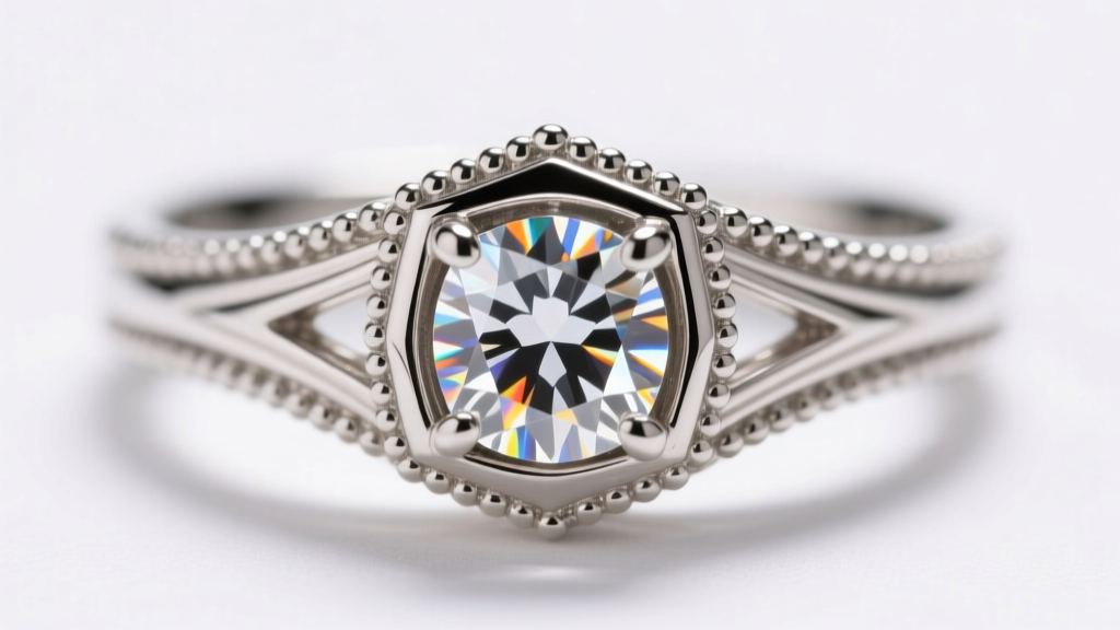 Macro shot of an Art Deco platinum estate ring featuring a European cut diamond with intricate milgrain detailing on the band.