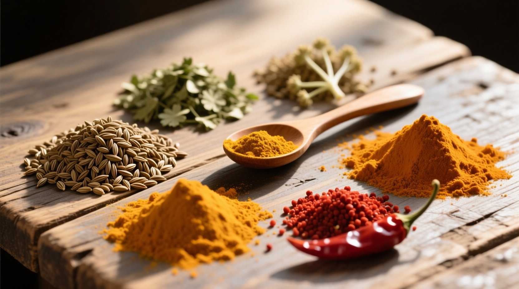 Five spice powder ingredients on wooden table