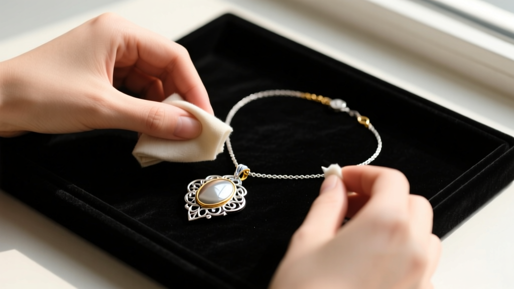 Hands gently polishing a delicate sterling silver and gold vermeil pendant necklace with a microfiber cloth on a dark velvet tray