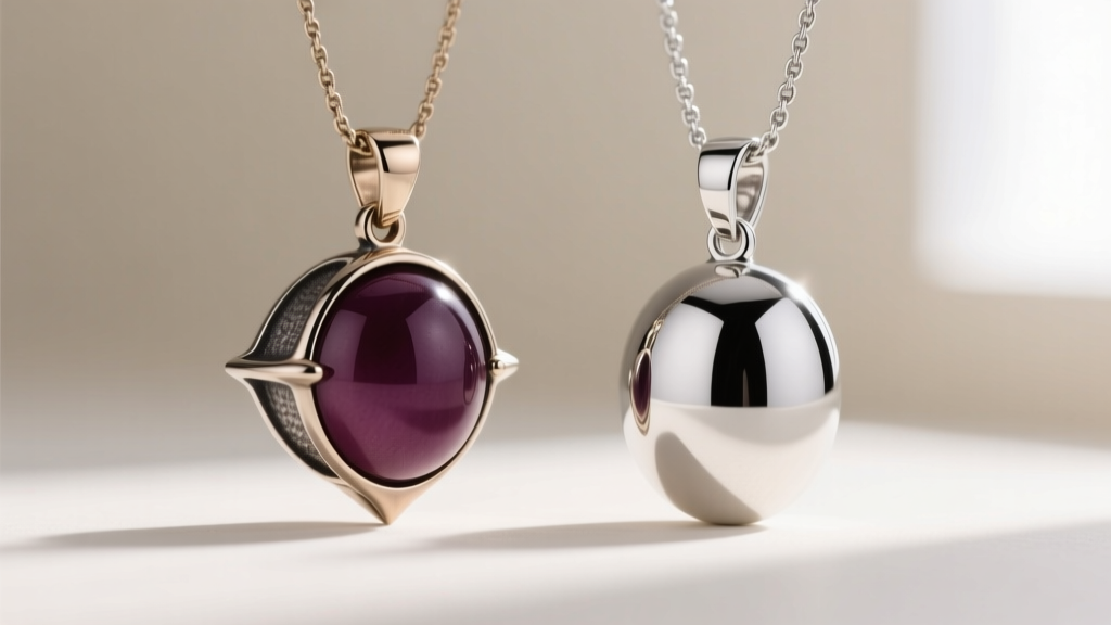 Macro shot of a zinc alloy Dirigible Plum pendant next to a polished 925 sterling silver version, showing crisp edge details
