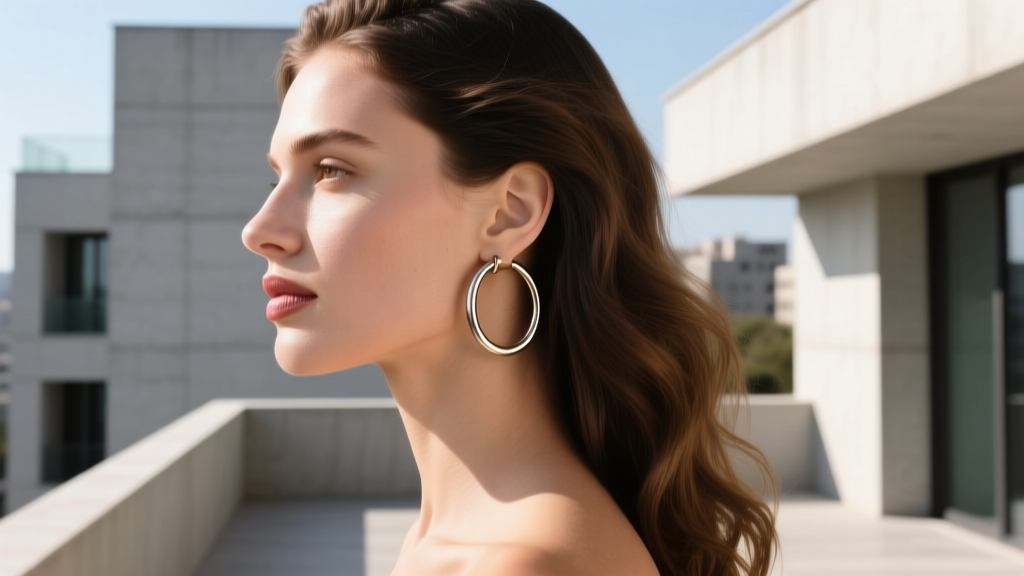 Side profile of a woman with a square jawline wearing medium-sized 30mm 90s wire hoop earrings, natural daylight, casual chic.