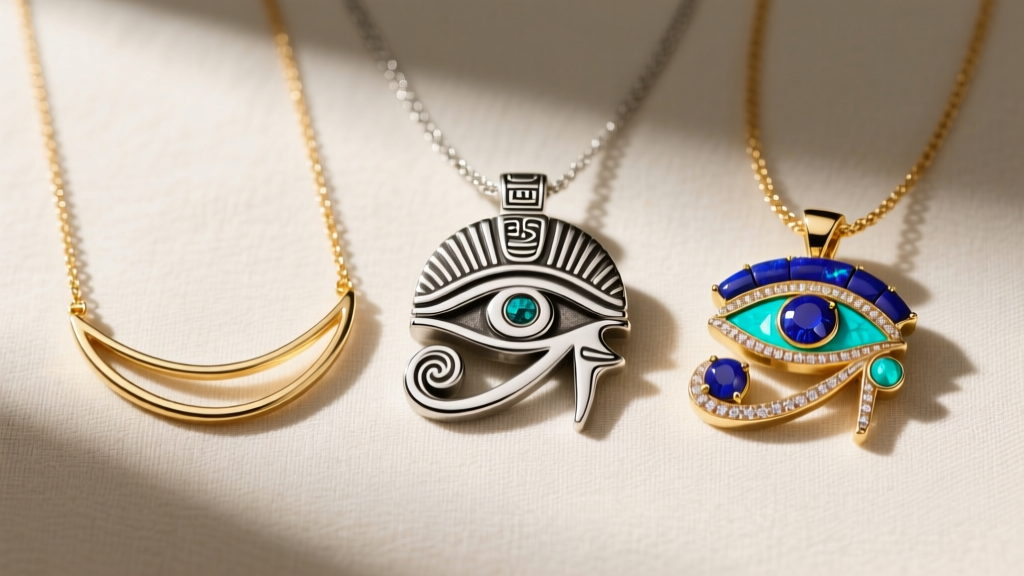 Flat lay comparison of three Horus eye necklaces: a minimalist gold outline, a detailed silver cast, and a gemstone inlay piece