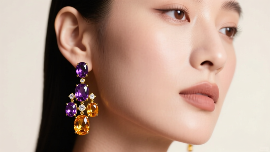 Close-up of a woman wearing multi gemstone drop earrings with amethyst and citrine in 14k yellow gold under soft lighting