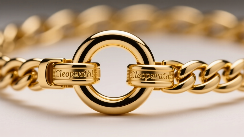 Heavy magnetic clasp securing a thick gold cleopatra style necklace, showing the dual-ring safety catch mechanism in a macro view