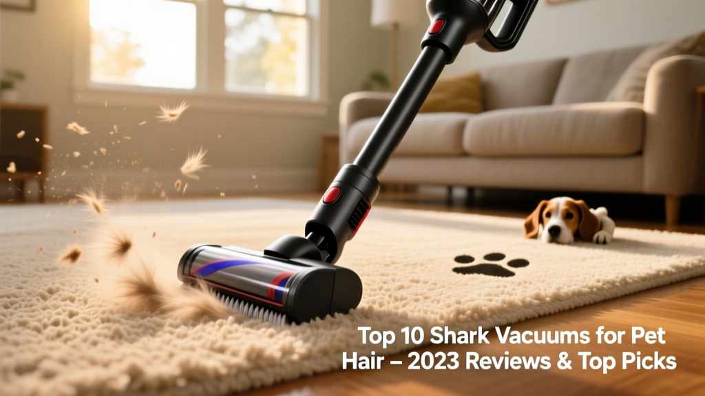 A Shark cordless stick vacuum in action on a carpeted living room with visible pet hair being lifted