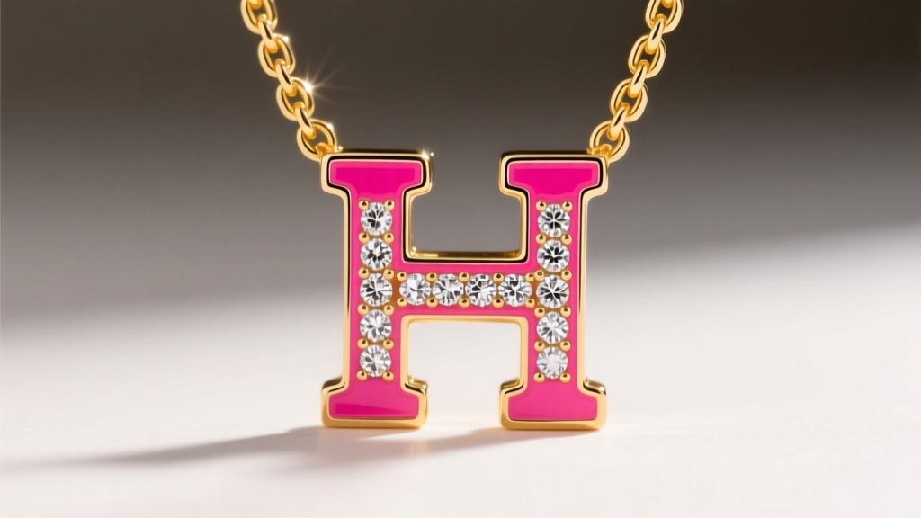 Close-up of a neon pink enamel H initial pendant with pave diamonds hanging from a 4mm yellow gold Cuban link chain.