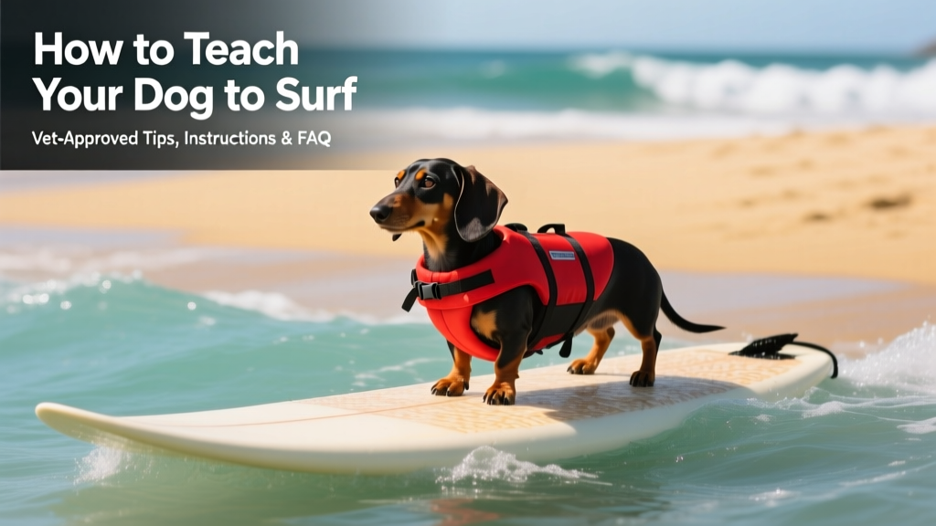 dachshund dog with life vest on standing on surfing board