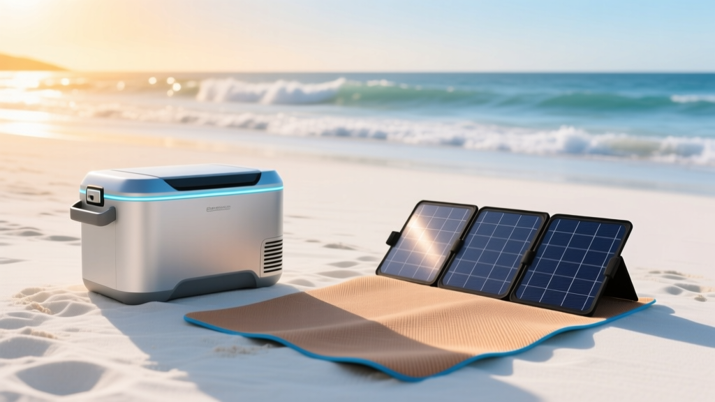 Vibrant sunny coastline featuring a high-tech soft cooler, foldable solar panel, and sand-free mat arranged on white sand.