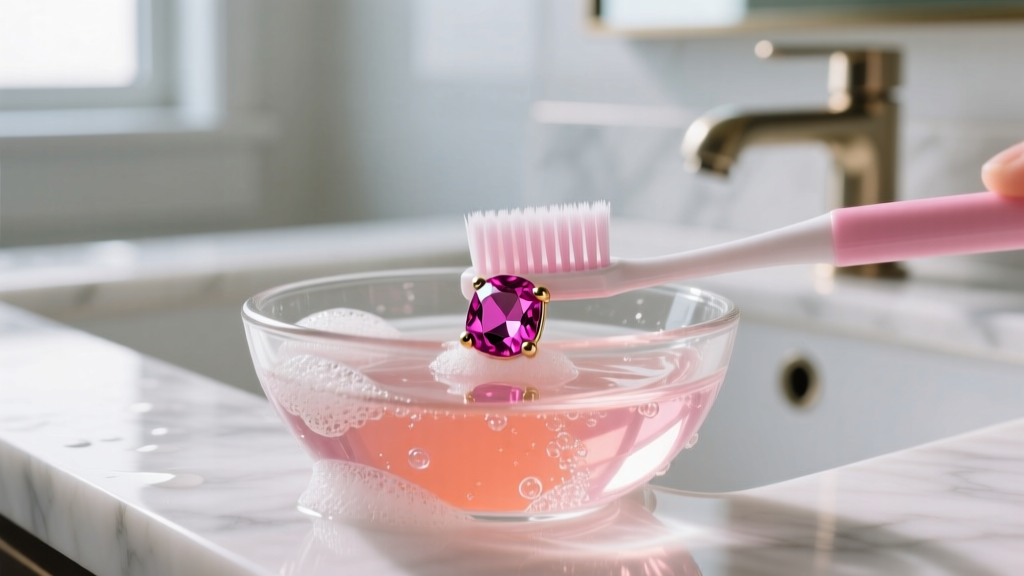 Soft toothbrush cleaning a pink sapphire stud earring in a glass bowl of soapy water on a bright white marble bathroom countertop.
