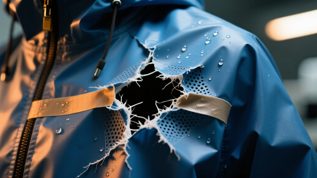 Close-up of a torn ePTFE waterproof raincoat material membrane being inspected under bright workshop lighting with seam tape peeling off