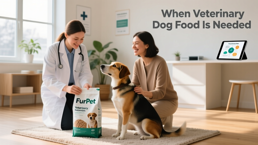 A veterinarian reviewing a bag of FurPetVo veterinary dog food with a client and their dog