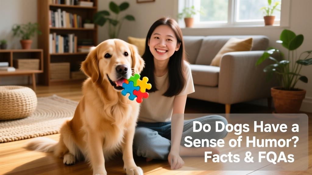 A dog and human sitting side-by-side on the floor, both smiling as the dog holds a colorful puzzle toy in its mouth