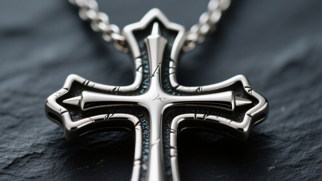 Macro shot of a sterling silver cross necklace with nails, showing oxidized recesses and polished raised nails on dark slate.