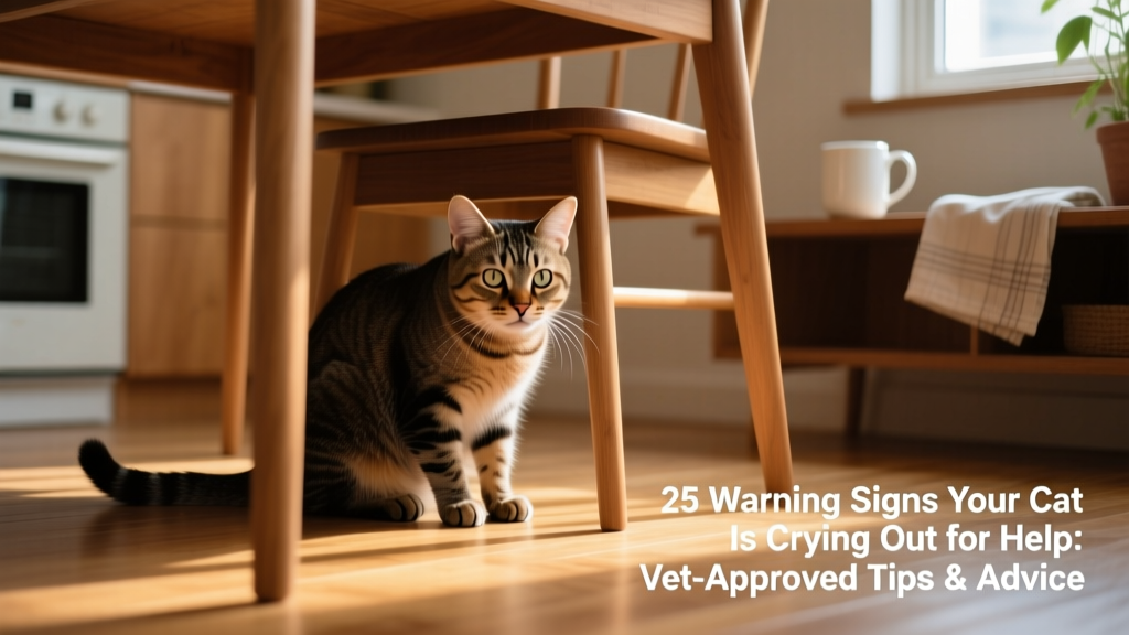 A cat hiding under a piece of furniture, partially obscured, with visible signs of tension—ears flattened, tail tucked