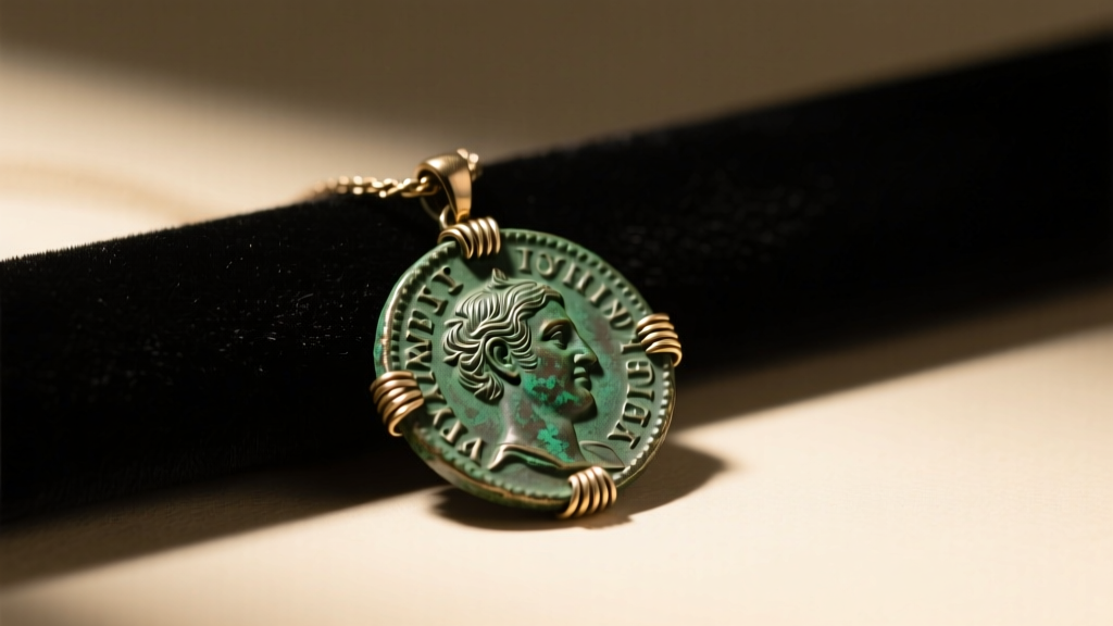 Roman bronze coin pendant on dark velvet, showing stable green patina and fine wire wrap under warm, directional studio lighting.