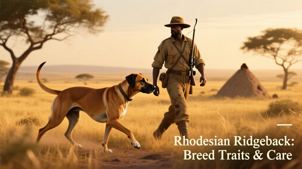 Historical photo-style illustration showing a Rhodesian Ridgeback working alongside a hunter in an African savanna landscape