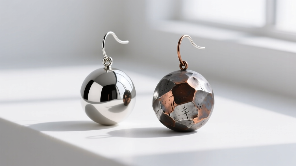 Comparing a smooth cast metal sphere earring with a hand-forged artisan ball earring to show distinct surface texture differences