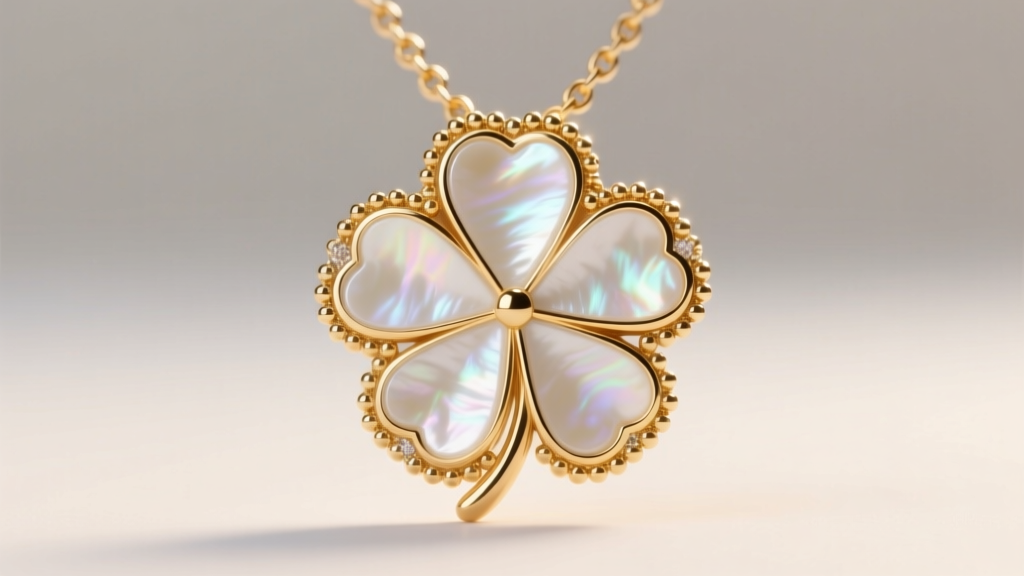 Macro shot of a gold clover necklace pendant highlighting the beaded milgrain edge and luminous white mother-of-pearl inlay