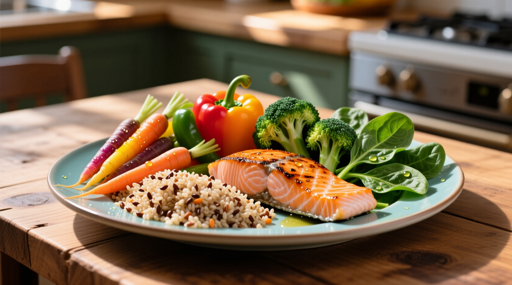 Colorful plate of vegetables, lean protein and whole grains