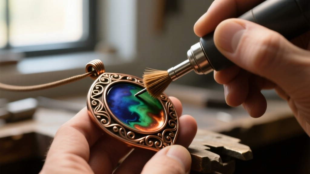 Jeweler using a rotary tool with a bristle brush to apply liver of sulfur patina to recessed areas of a bronze metal pendant.