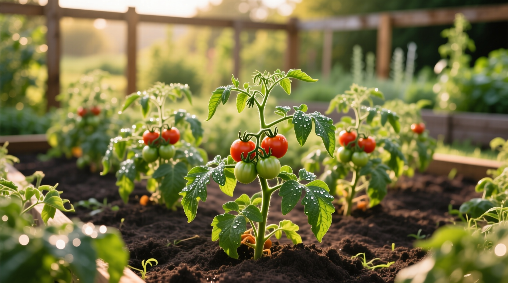 Tomato plants properly spaced in garden bed