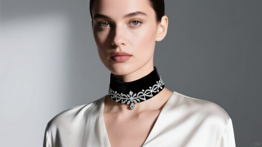 Model wearing a black velvet rhinestone tie necklace over a white silk blouse, soft studio lighting, high fashion editorial portrait