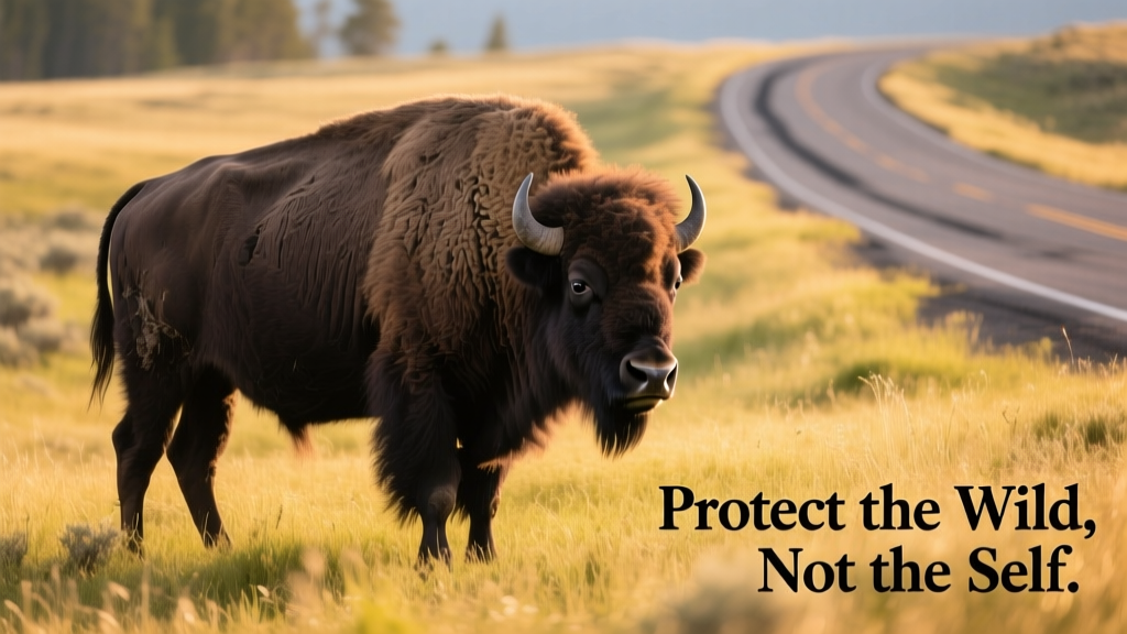 A bison standing calmly on a grassy meadow near Yellowstone’s roadside, emphasizing its wild, untamed presence