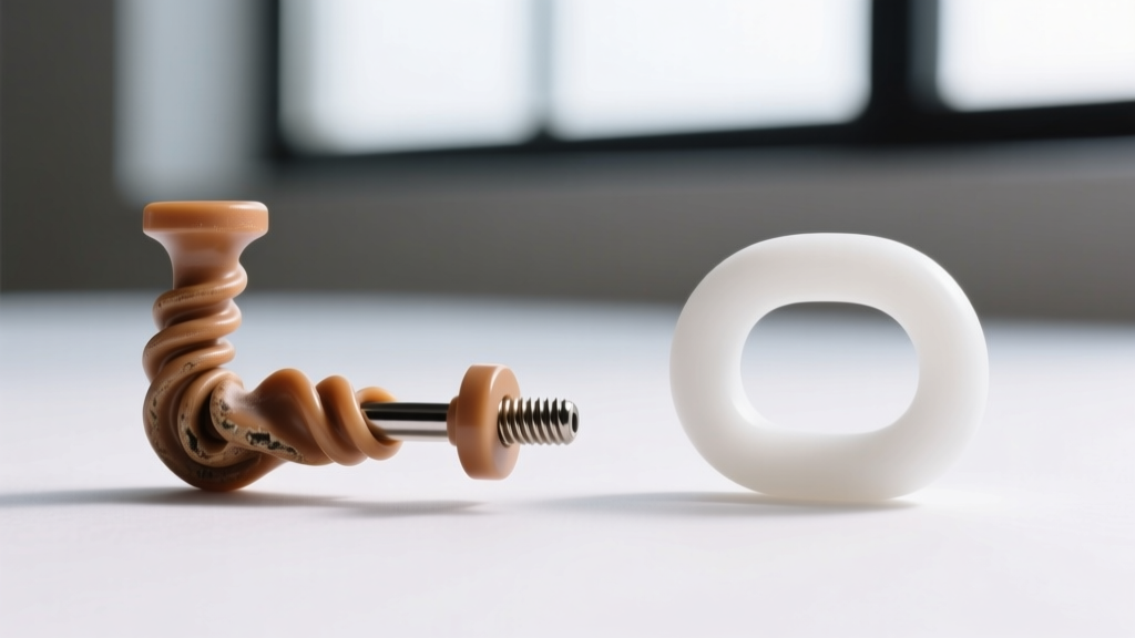 Side-by-side comparison of a warped bioplast navel barbell and a pristine internally threaded PTFE flexible retainer