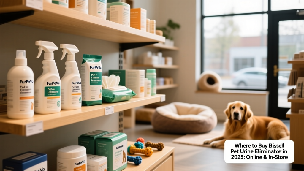 Shelf in a retail store displaying FurPetVo Pet Urine Eliminator bottles alongside other pet cleaning products
