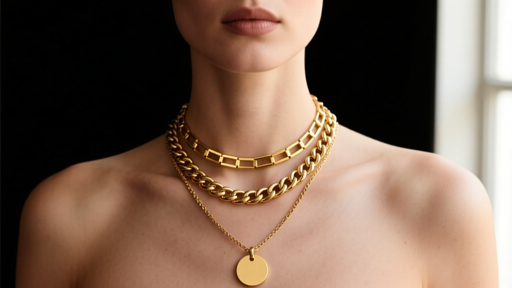 Model layering an 18-inch 3mm gold box chain with a 22-inch Cuban link and a 26-inch pendant chain against a dark backdrop