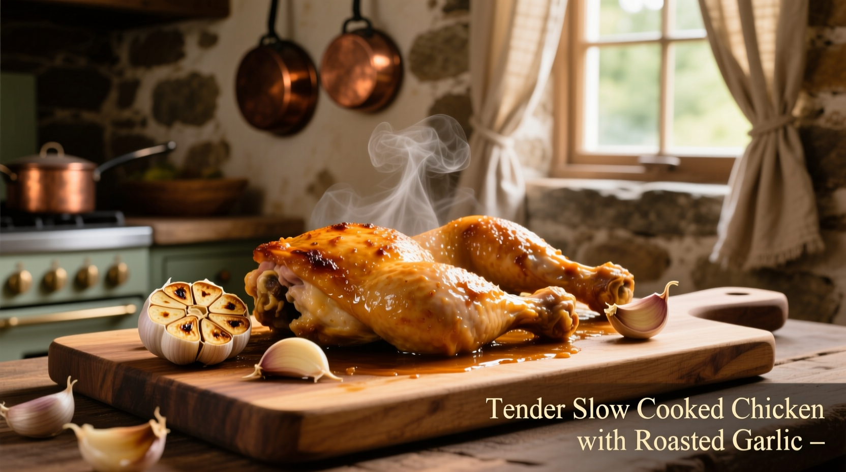 Tender slow cooker chicken thighs with roasted garlic cloves