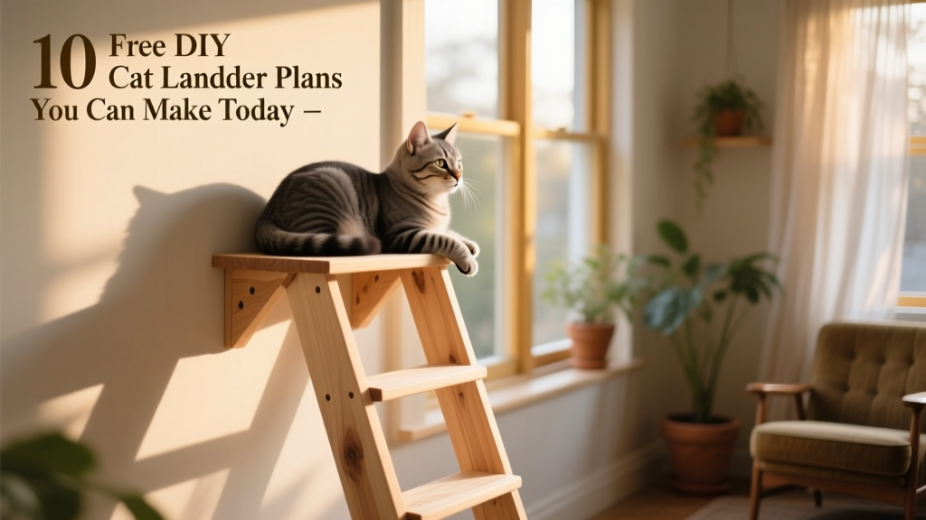 A sleek wooden cat ladder mounted to a wall beside a sunlit window, with a cat perched on the top rung