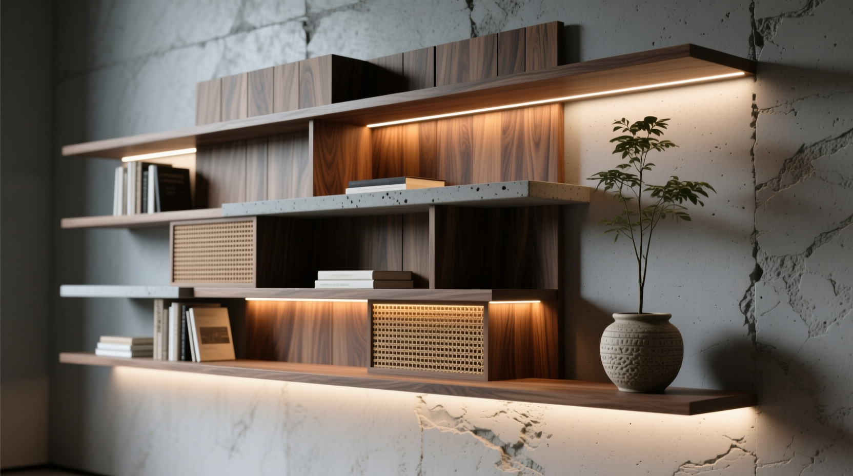 how to personalize a boring bookshelf with texture lighting and asymmetry