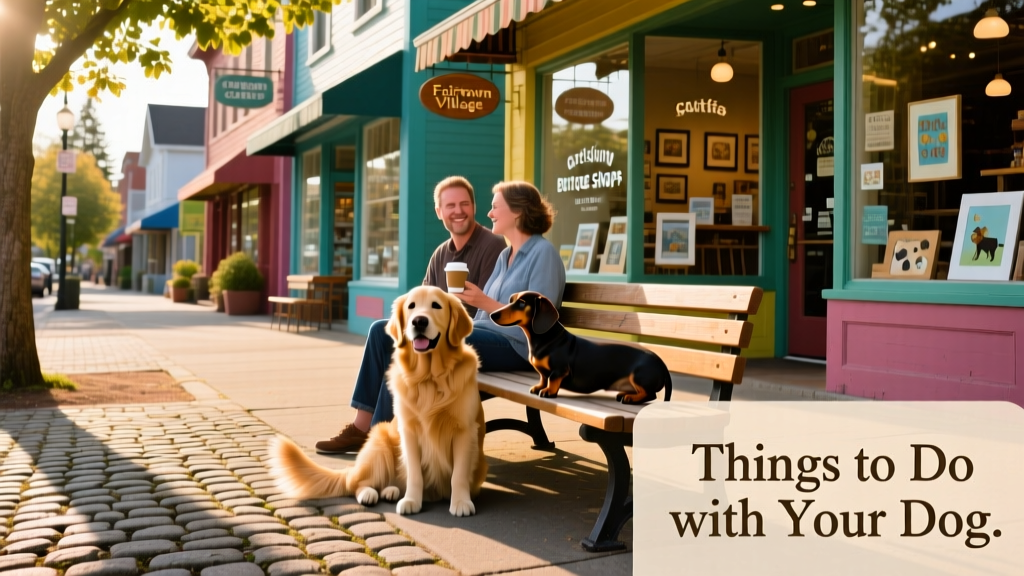 Street scene in Fairhaven village, Bellingham, WA—cobblestone sidewalks, colorful storefronts, and dogs lounging on outdoor benches