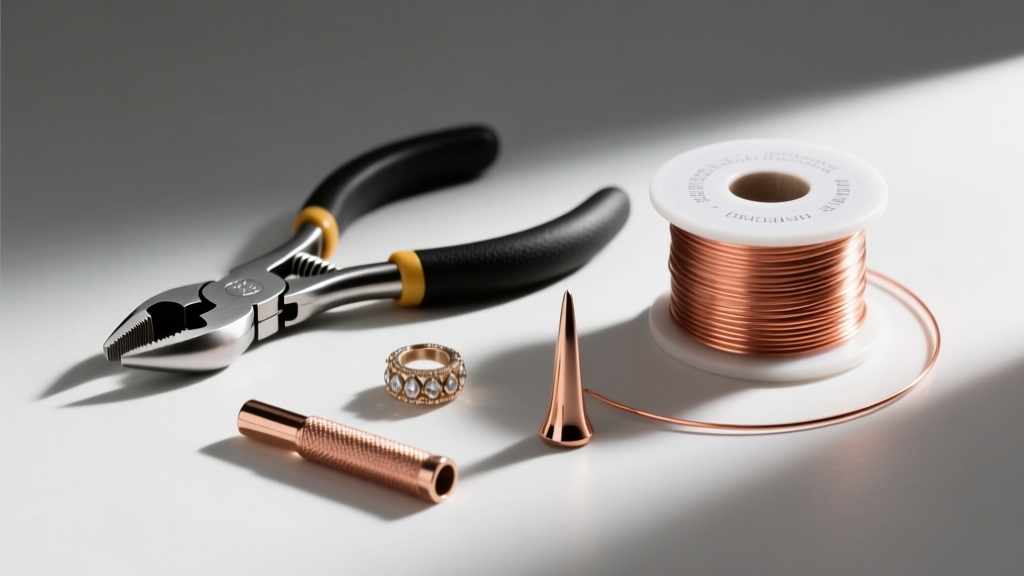 Jewelry toolkit with flush cutters, nylon jaw pliers, and a mandrel arranged neatly beside a spool of dead-soft copper wire