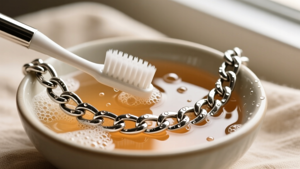 Close-up of a soft-bristled toothbrush gently scrubbing a stainless steel chain link bracelet in a small bowl of warm soapy water