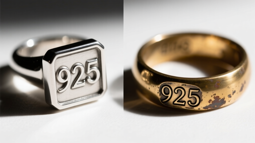 Side-by-side comparison of a sharp authentic 925 stamp and a blurry, poorly struck fake silver marking on a tarnished brass ring