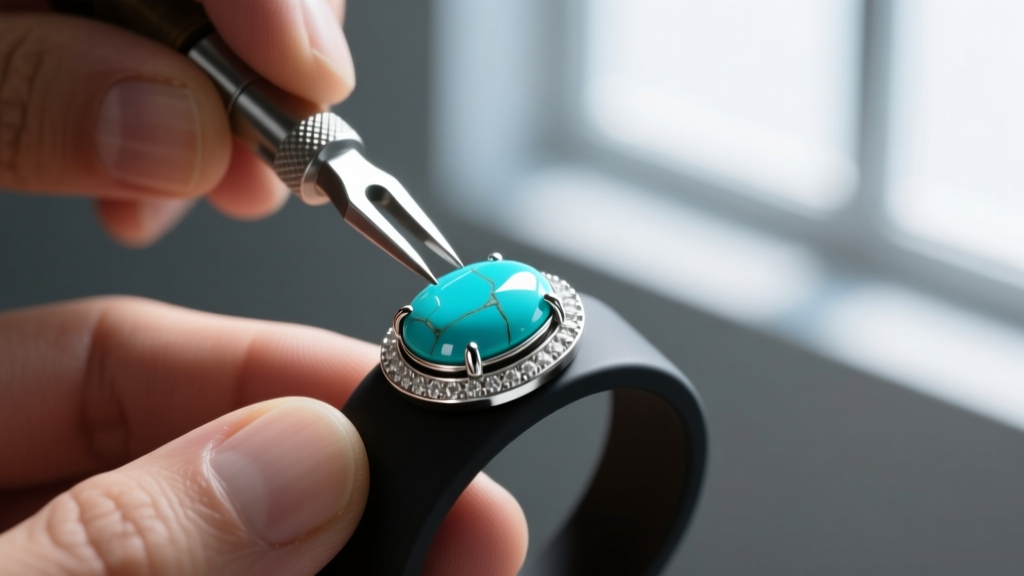 Steel bezel pusher tightening a silver bezel wall around a loose oval turquoise cabochon on a dark rubber jeweler's bench mat.