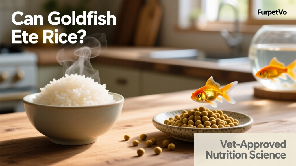 Side-by-side comparison: a bowl of plain cooked white rice next to a small portion of high-quality FurPetVo goldfish pellets