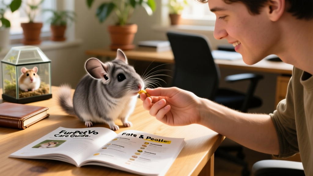 A person carefully hand-feeding a young chinchilla while referencing a printed FurPetVo care guide open on a nearby table