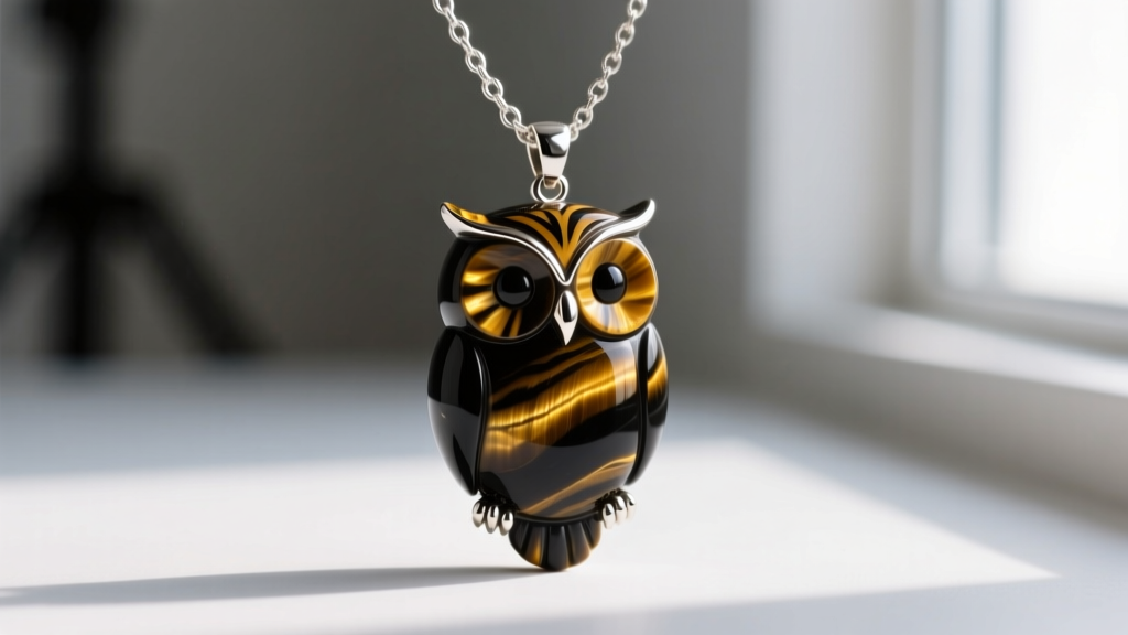 Macro shot of a hand-carved tiger eye owl pendant on a sterling silver chain, highlighting golden chatoyant bands against dark slate.