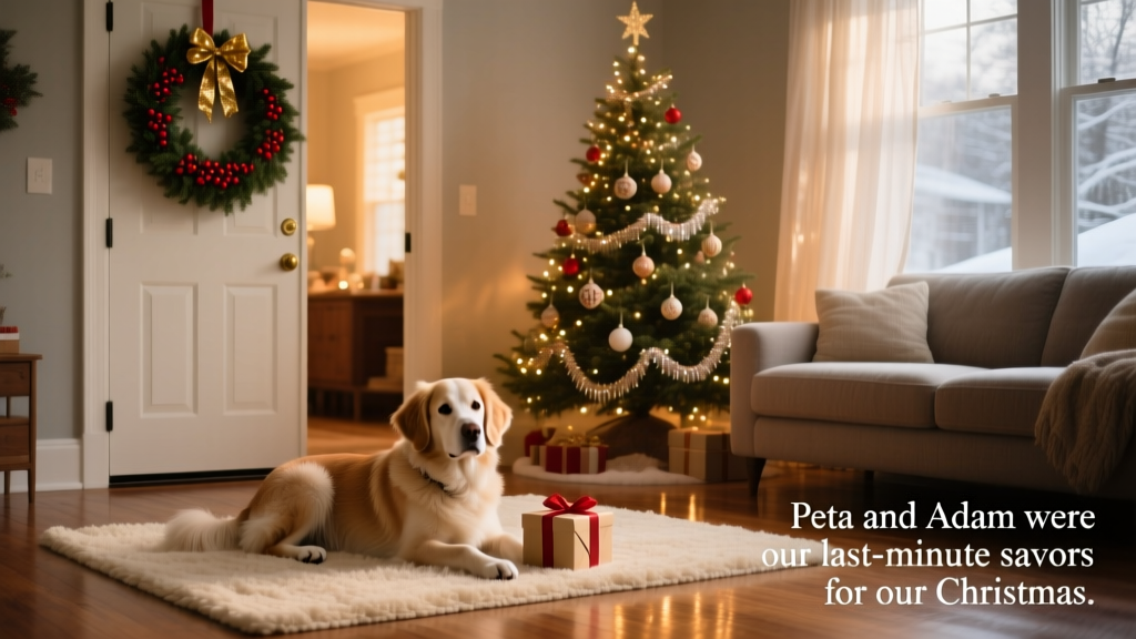 A cozy living room with a festive wreath on the door and a relaxed dog resting on a plush rug near a decorated tree