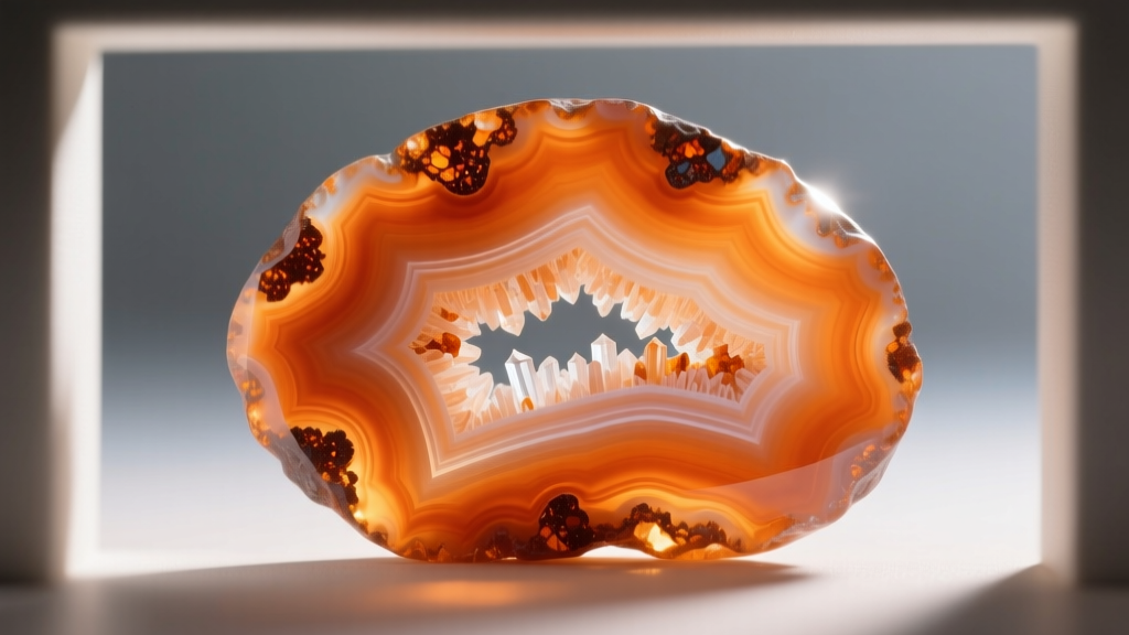 Macro photography of banded orange agate showing microscopic iron oxide inclusions and natural crystalline layers, backlit softly.