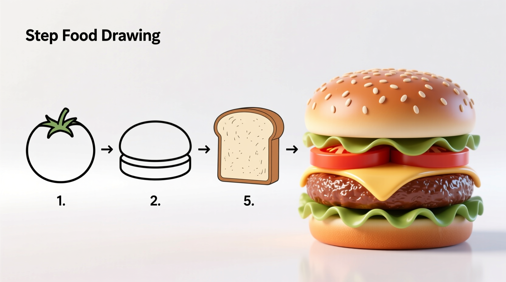 Step-by-step food drawing process showing basic shapes to finished illustration