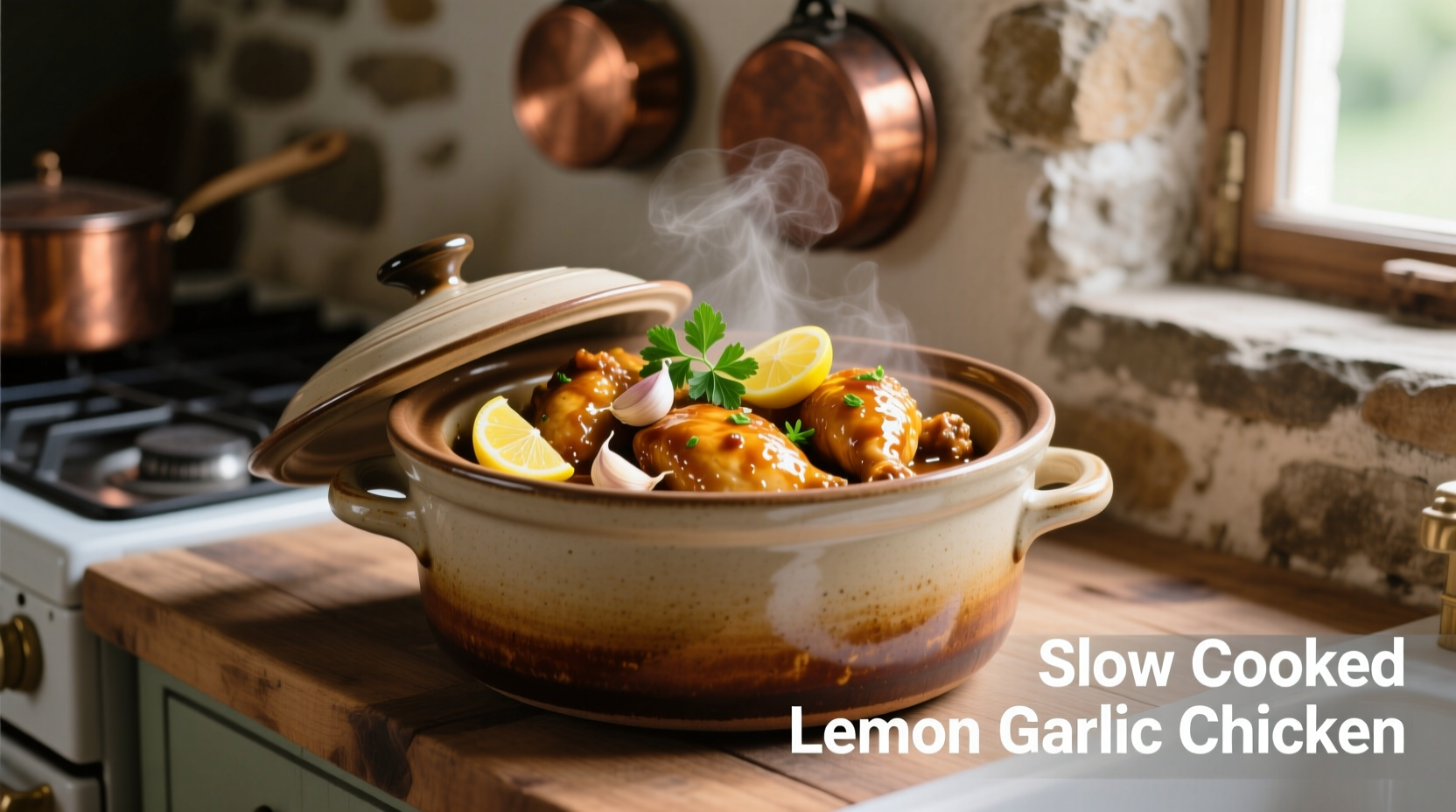 Slow cooker with lemon garlic chicken