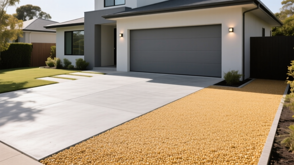 Smooth gray concrete driveway adjacent to a textured golden resin bound gravel driveway in a modern suburban home setting