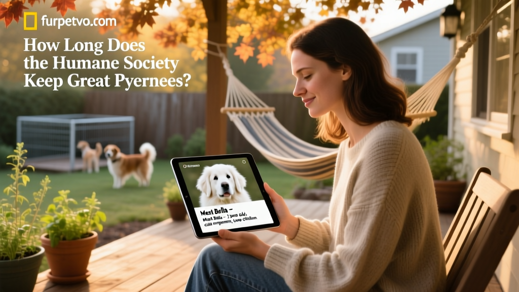 A person using a tablet to view a Great Pyrenees adoption profile on furpetvo.com