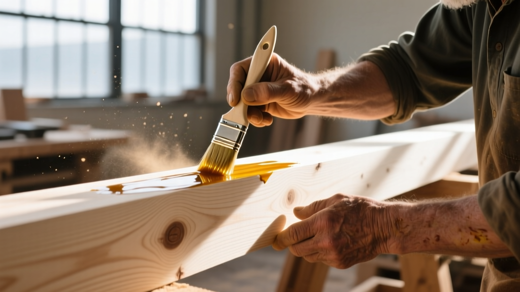Close-up of a craftsman applying clear penetrating oil finish to a raw white oak timber beam in a sunlit woodworking shop