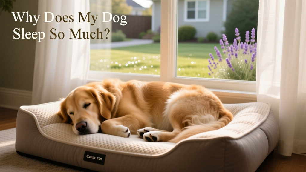 A dog curled up comfortably on a supportive orthopedic bed beside a window with soft morning light