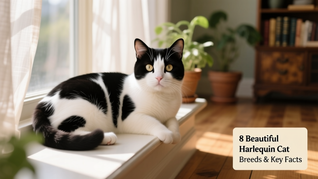 A relaxed British Shorthair with harlequin markings lounging on a windowsill, showing off its plush short coat and round face